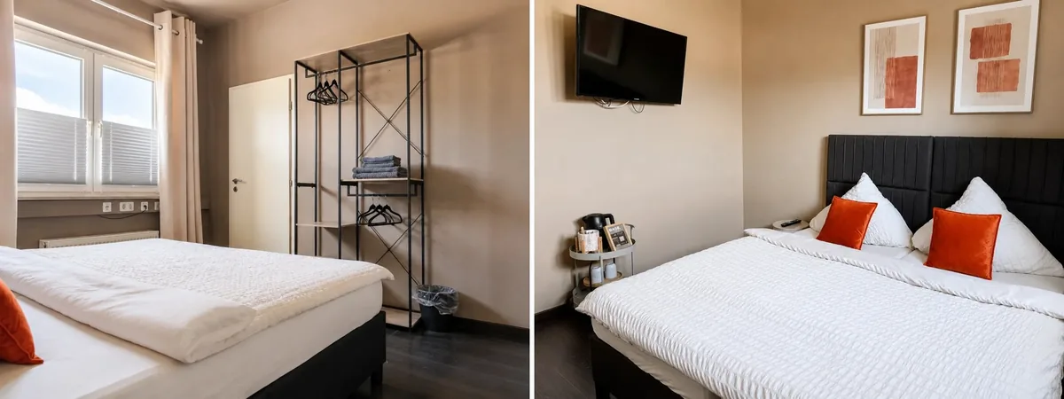 Room No. 3 heute: offener Kleiderständer statt Schrank, Rollwagen statt Nachttisch